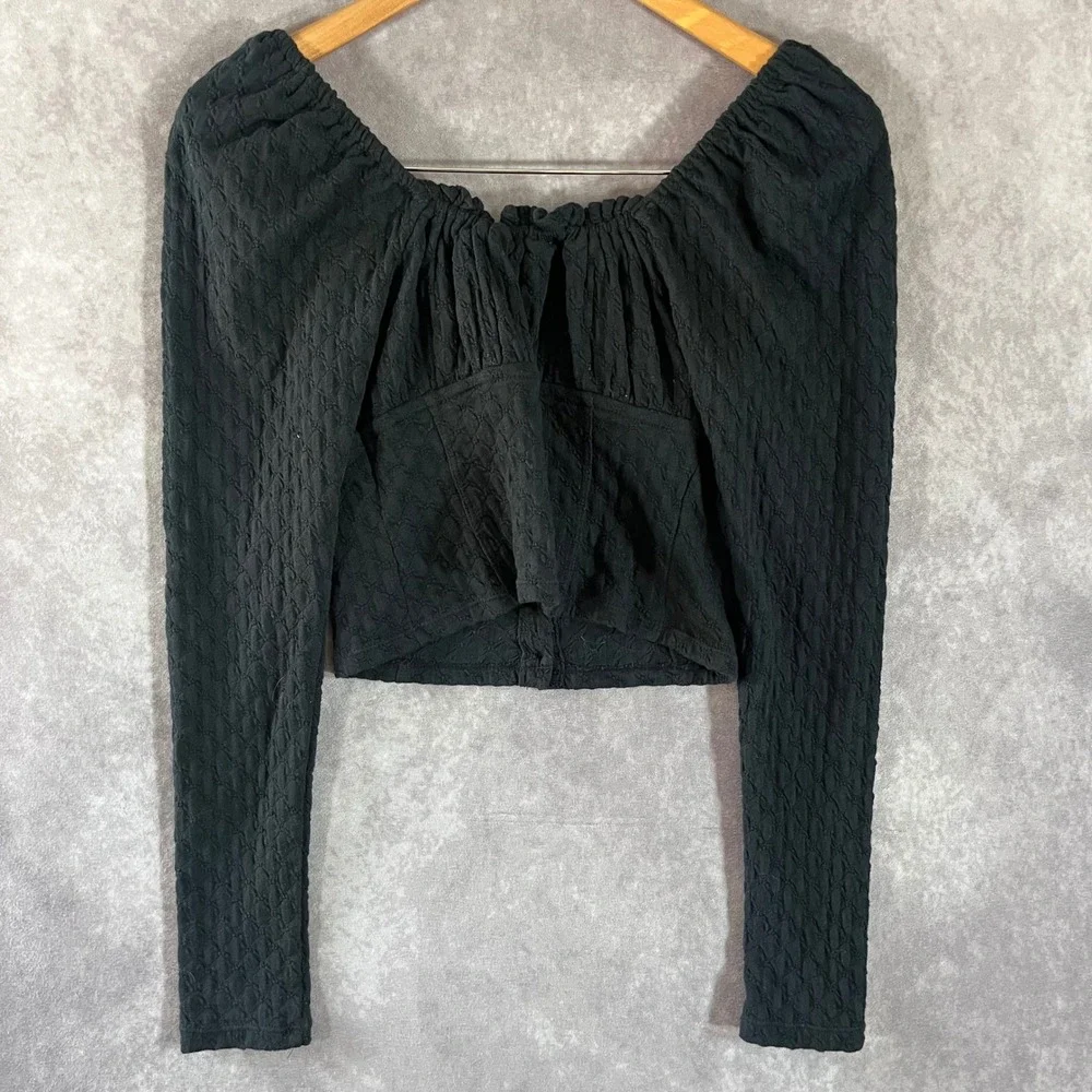 Free People Corset Top Women XS Black Long Sleeve Ruched Button Front OB1075685